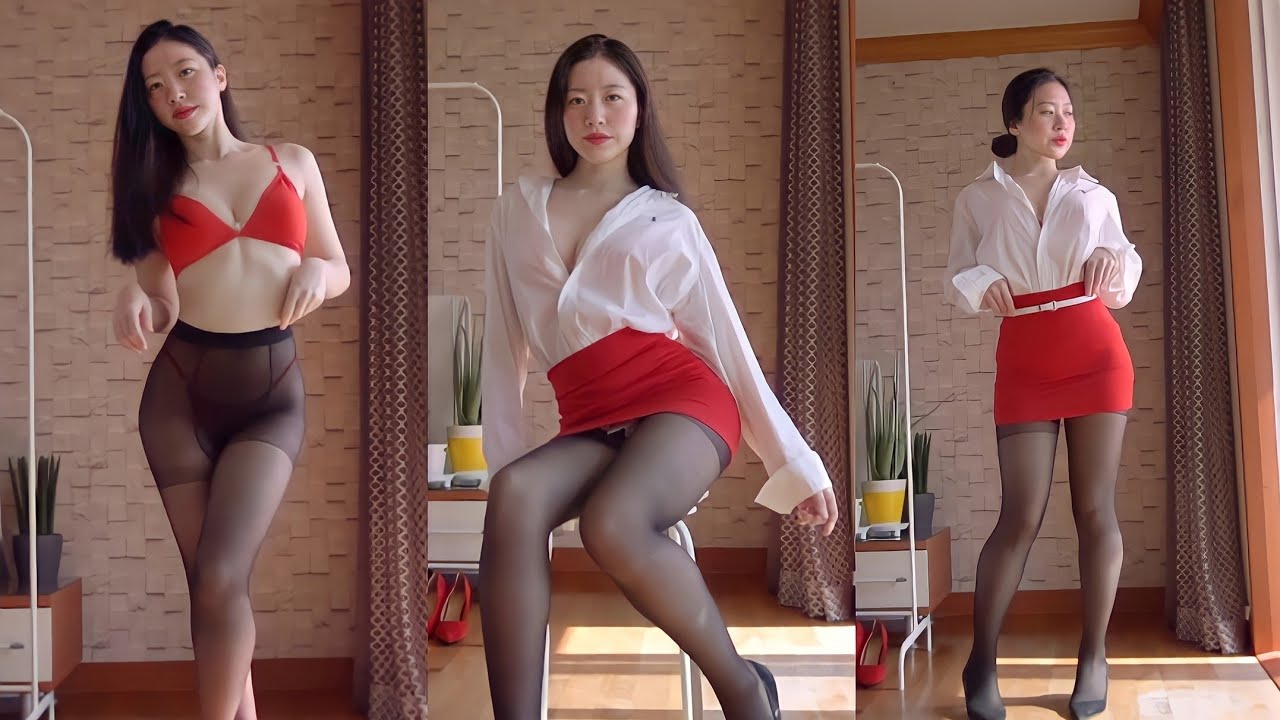 SUB)4K 레드 미니스커트시스루 블랙스타킹 오피스룩 룩북 | red mini skirt see through black stocking outfit lookbook korean
