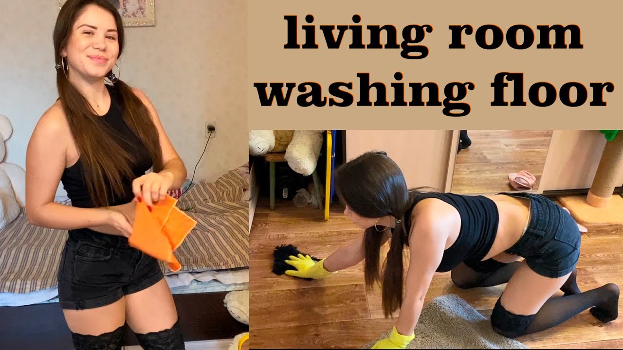 Black stockings! Washing the floor