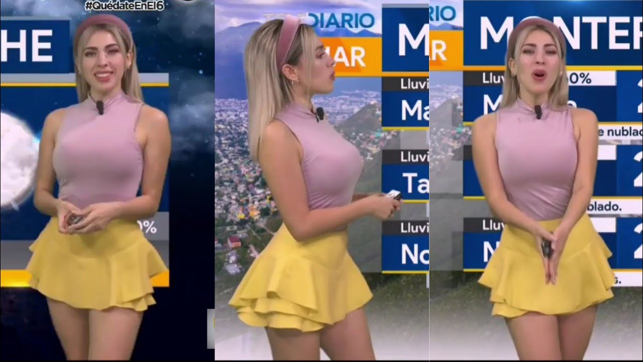 Jessica de Luna BUENÍSIMA SUPER SEXY CUERPAZO faldita amarilla blusa y diadema lila latina clima hot