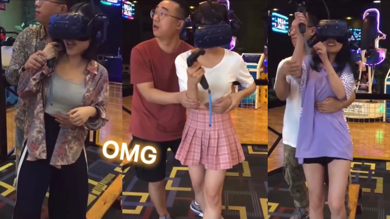 Chinese beautiful girls were taken advantage by stranger guy when they play VR