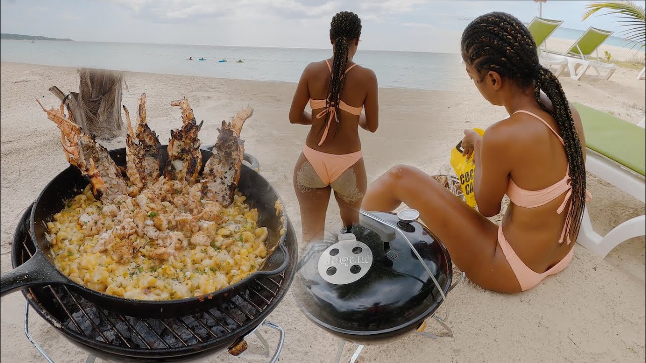 Lobster Mac and Cheese Outdoor Cooking on Beach Jamaica