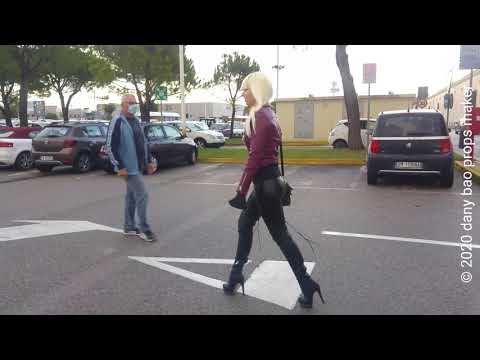 DANA LABO - leather outfit, leggings, jacket and boots overknee high heels plateau walk in public