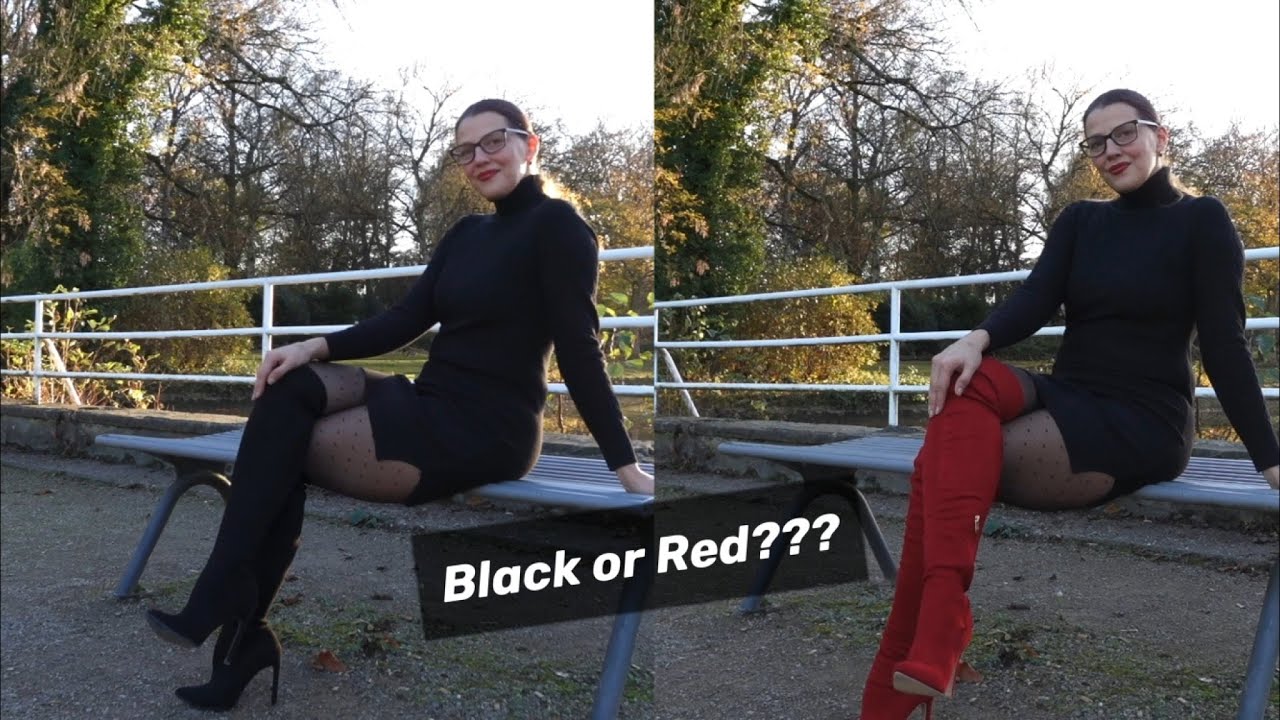 MINI DRESS, TIGHTS  OVERKNEE BOOTS - Black or Red? | Kats little world