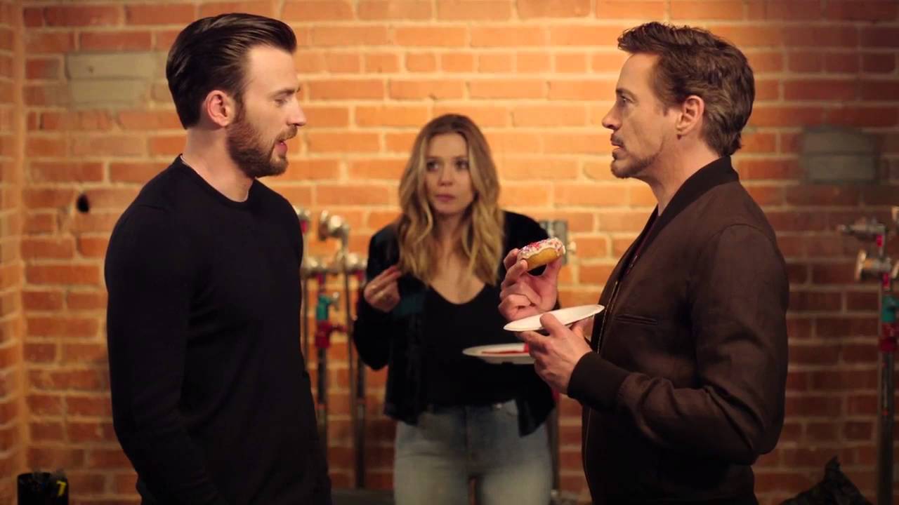 Chris Evans, Robert Downey Jr  Elizabeth Olsen - Tony Steals The Last Donut