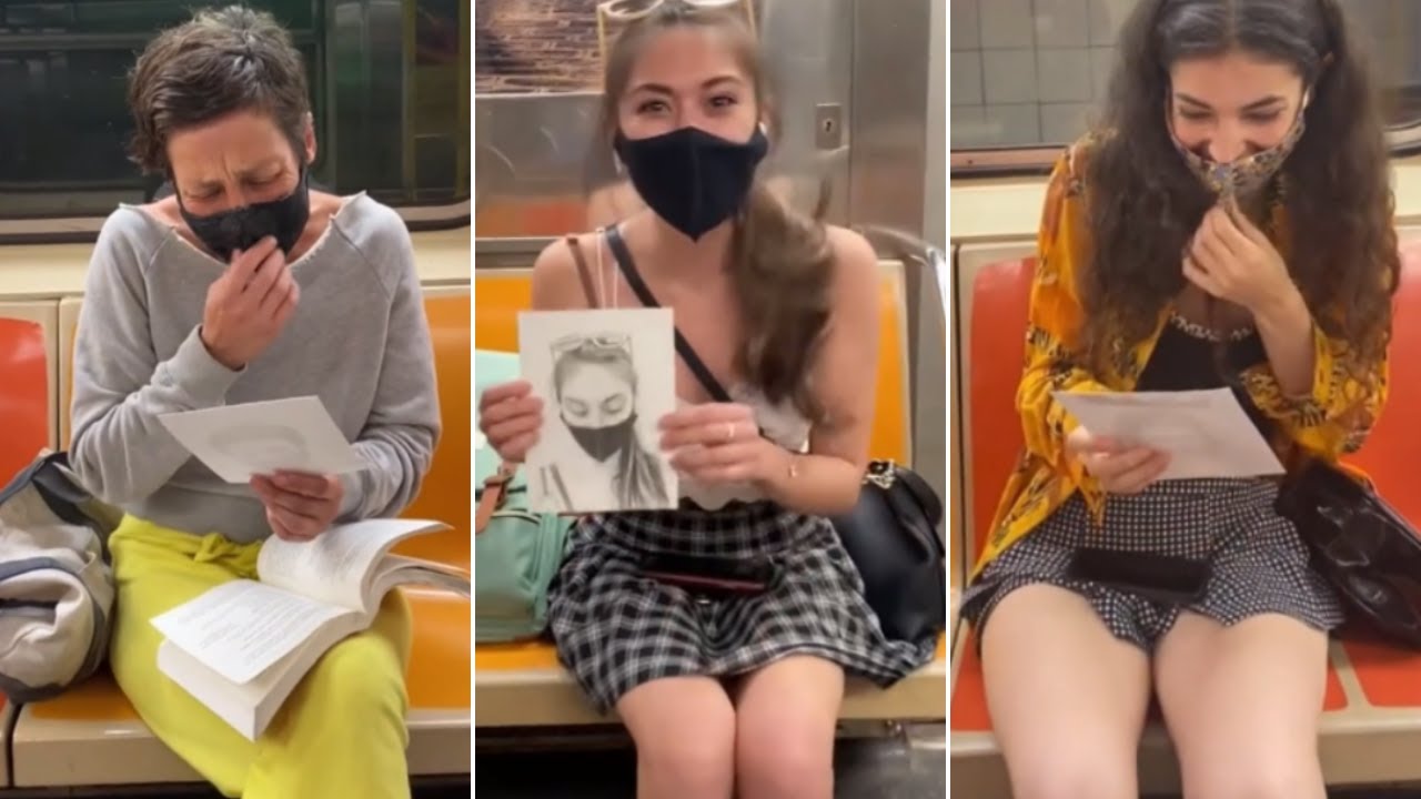 Drawing realistic portraits of strangers on the NYC subway - Best Surprise Reactions [Pt.28]