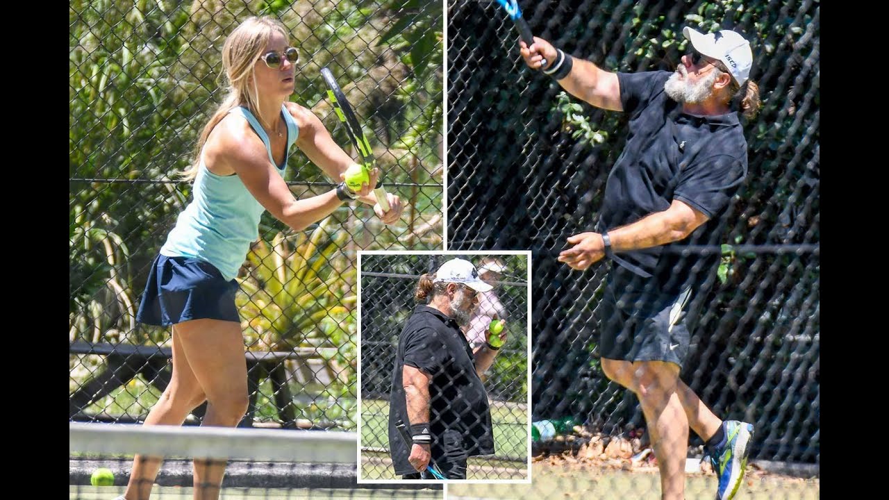 Russell Crowe, 56, plays tennis against new girlfriend Britney Theriot, 30, in Sydney