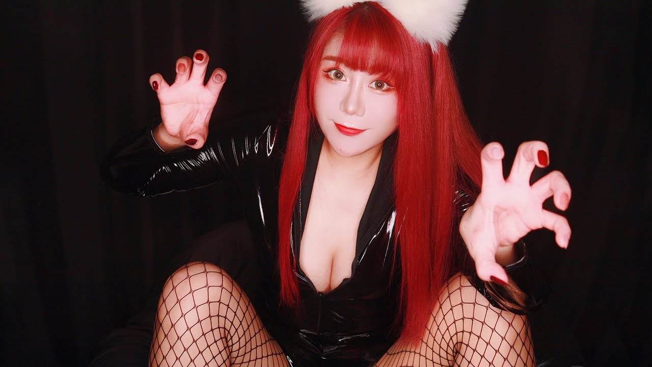 ASMR Cat Girl Got You Leather Suit Latex Suit Scratching  Tapping  【Old Time】