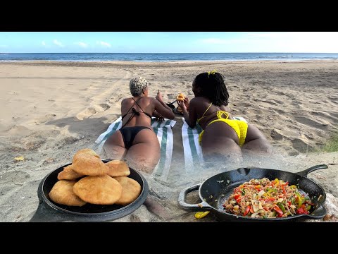 Outdoor Cooking Spicy Salt Fish & Bakes on Jamaican Beach