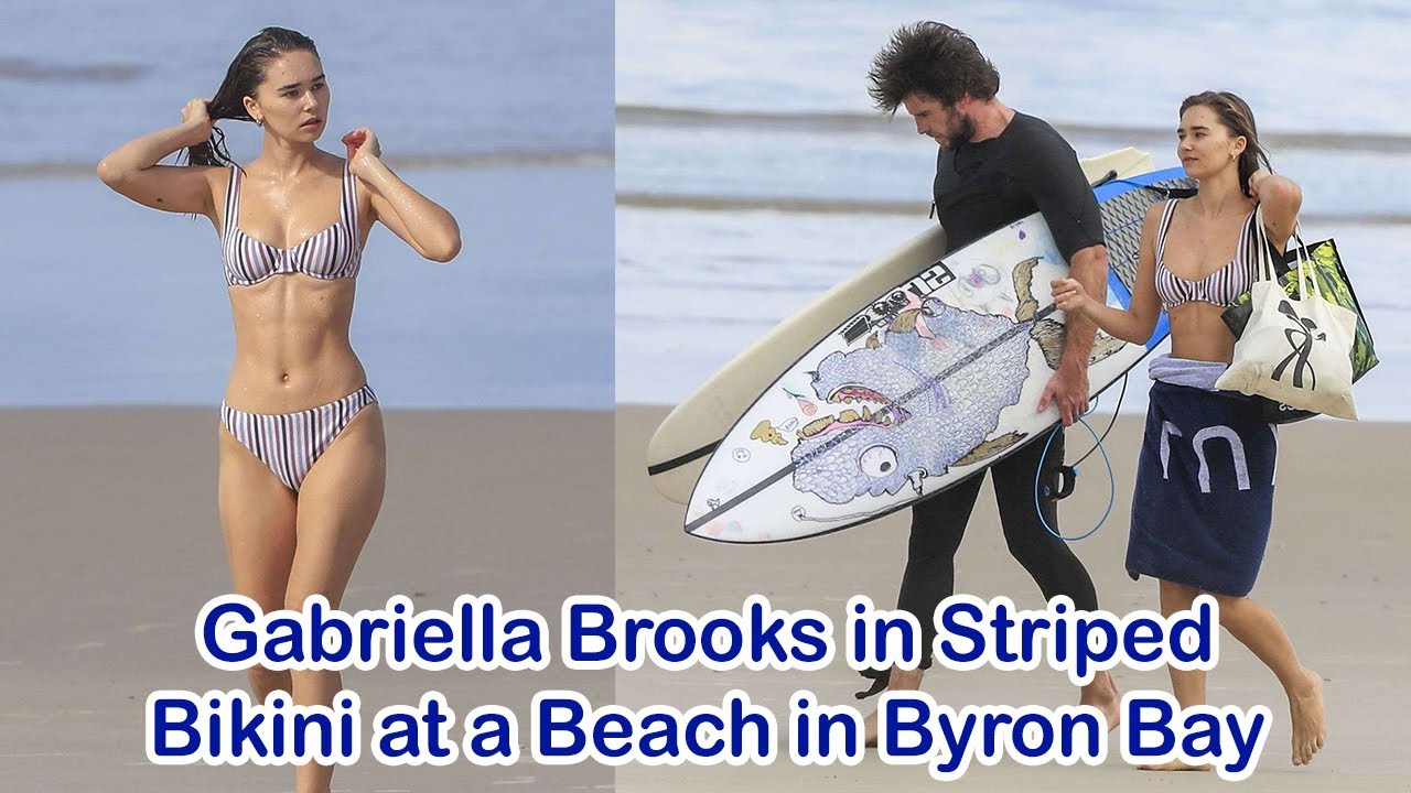 Gabriella Brooks in Striped Bikini at a Beach in Byron Bay