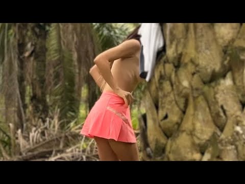 YOUNG GIRL SOLO OVERNIGHT CAMPING IN FOREST - beauty take a shower under palm tree - ASMR nature