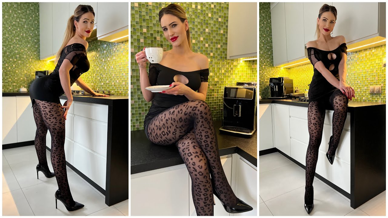 SECRETARY MAKING COFFEE IN SHORT BLACK DRESS, TIGHTS AND HIGH HEELS OUTFIT | POLISHGIRL_IN_HEELS 4K