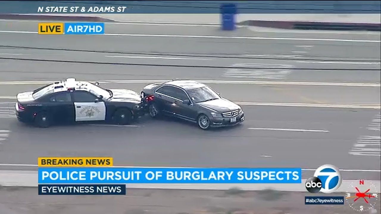 FULL CHASE: Burglary suspects fleeing CHP get stopped by PIT maneuver in Inland Empire