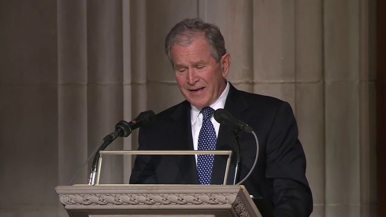 George W Bush cries during George HW Bush's eulogy