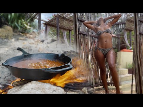 Outdoor Cooking Jamaican Breakfast Mackerel  Sugar Dumplings | Outdoor Shower