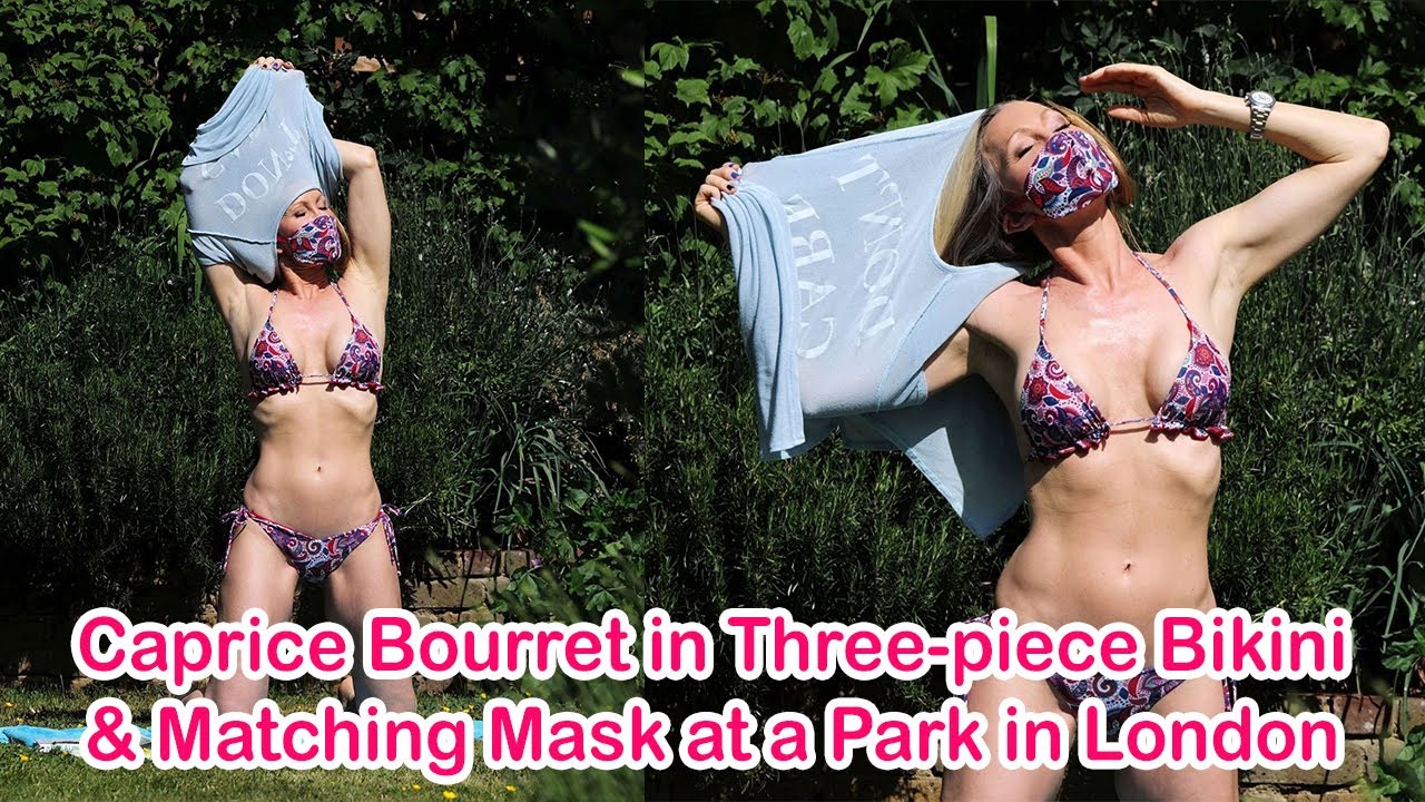 CAPRİCE BOURRET İN THREE-PİECE BİKİNİ AND MATCHİNG MASK AT A PARK İN LONDON